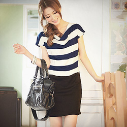 【完美顯瘦】完美顯瘦垂領條紋配色洋裝 (共4色)