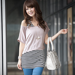 【衣芙日系】雜誌推薦寬版短上衣+條紋長背心 (共5色)